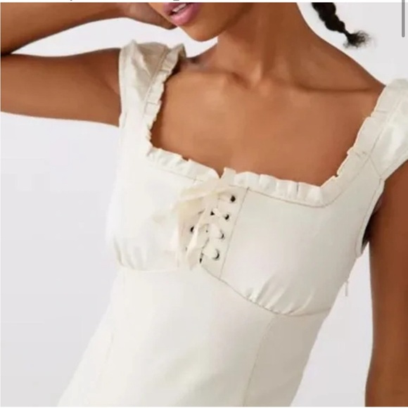 Urban Outfitters Nayda Denim Ruffle Corset Lace Up Square Neck Mini Dress Ivory - Picture 1 of 8